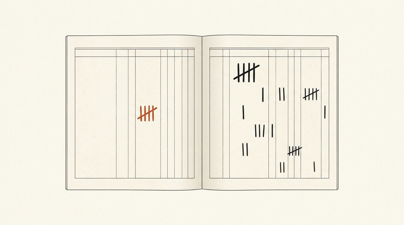 An open paper ledger with two ruled columns; one tally mark in orange among black tally marks